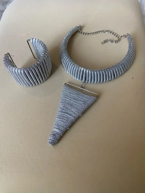 Silver Metallic Wrapped Necklace and Cuff Bracelet Set - Picture 1 of 1